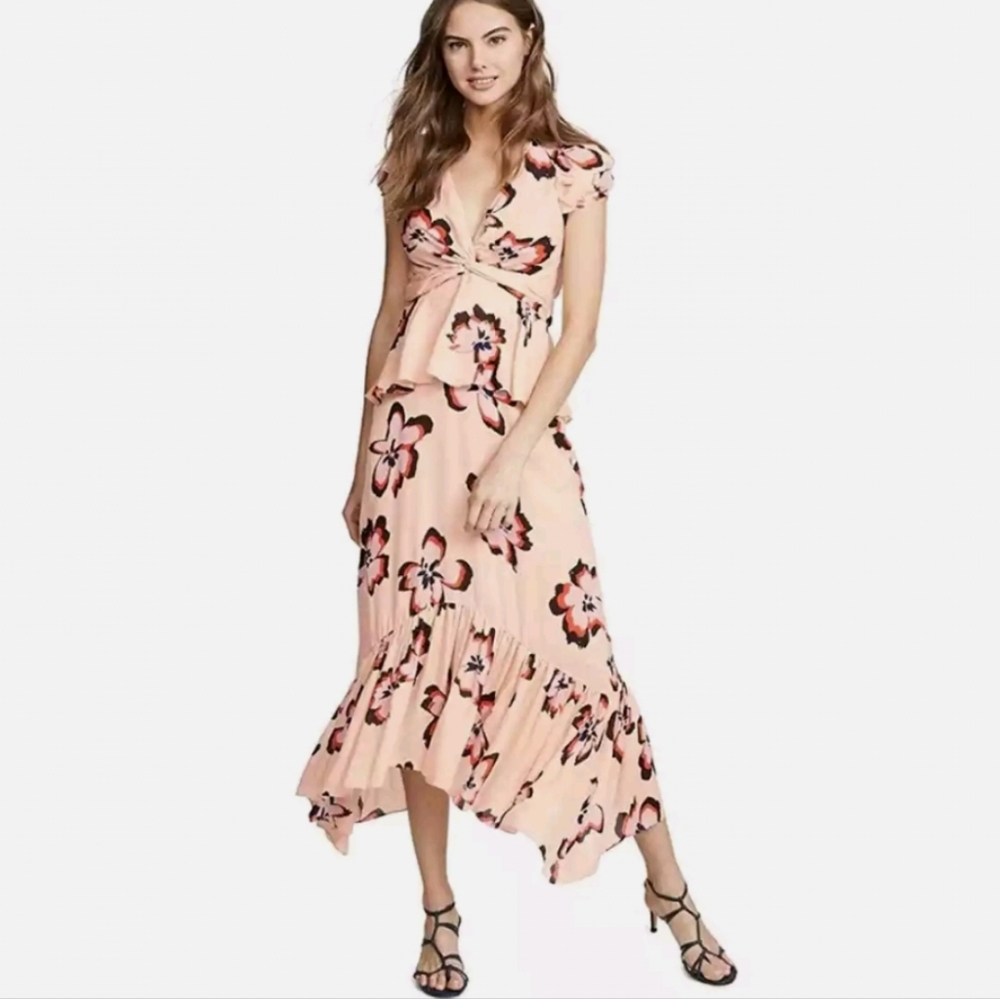 ♤♤ A.L.C Zadie Floral 100% Silk Peplum Puff Sleeve Dress in Blush Pink Size 18